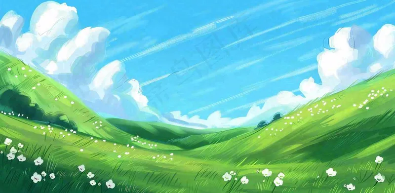 立春 春天背景立春 春天插画春天唯美天空蓝天白云草地手绘风景插画背景(1568x768)