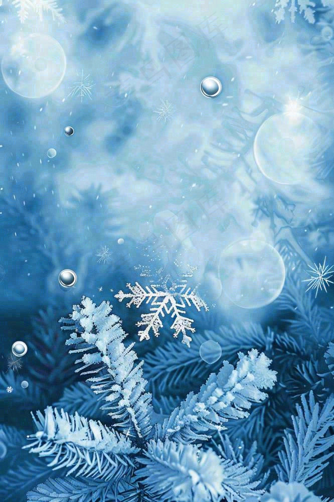 冬天松树雾凇雪花蓝白寒冷立冬冬至大雪小雪背景