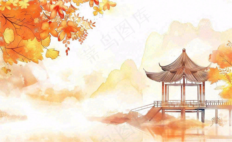 唯美古风建筑枫叶亭子秋天植物山水风景立秋处暑秋分中国风水彩手绘背景(1408x864)