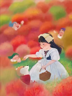 红色原野小女孩和小狗玩耍儿童插画