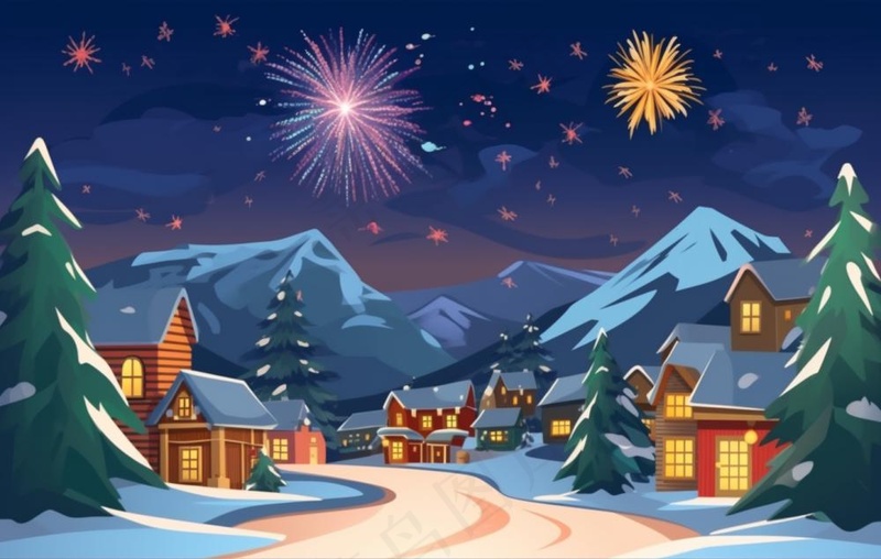 冬季雪天圣诞小镇烟花夜晚节日氛围卡通插画背景(1360x864)