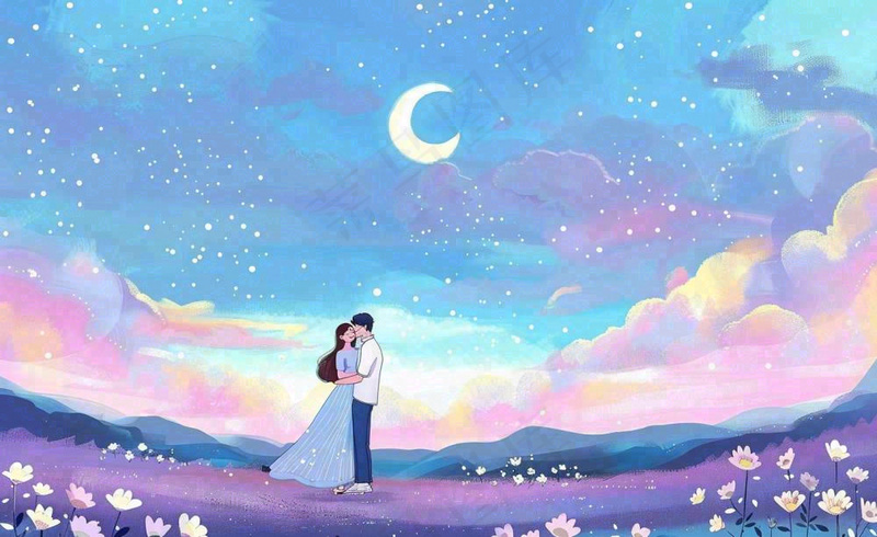浪漫夜晚月光下花丛里的恋人情侣相拥梦幻场景七夕情人节卡通插画背景(1408x864)