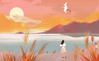 秋天夕阳下山水飞鹤女孩芦苇白露寒露插画背景