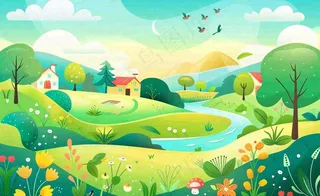 春天插画立春节气郊游遇见春天你好春天花草春风旅游草地风景扁平画背景