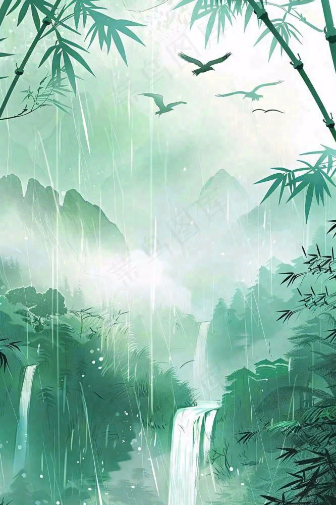 国风山水竹林磅礴山河瀑布大雁雨滴清明端午水墨插画背景(896x1344)