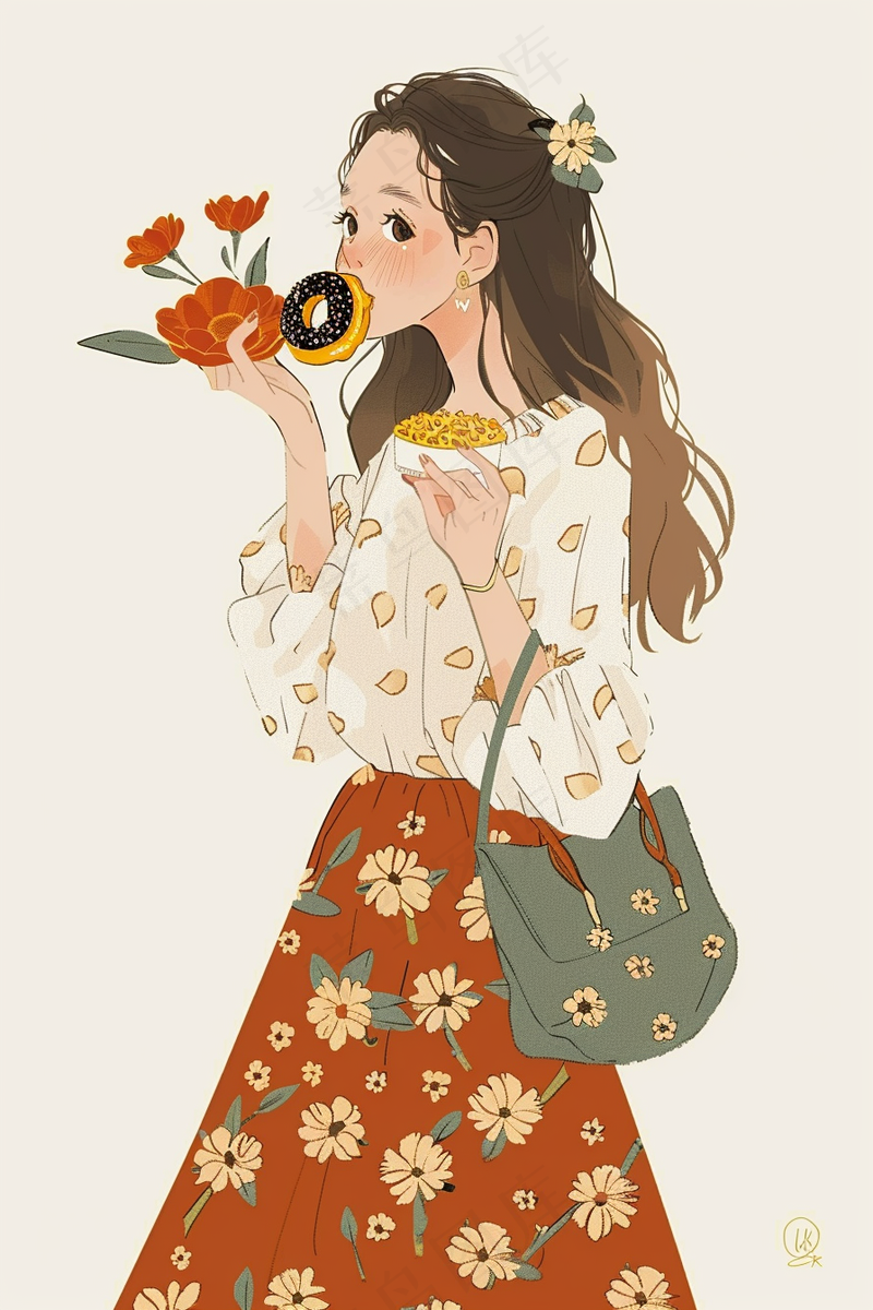 吃甜甜圈的少女花裙鲜花插画背景(2688x4032)