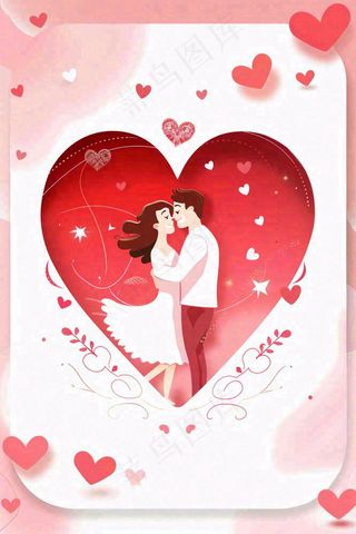 七夕情人节爱心气球相拥的恋人粉色浪漫插画背景