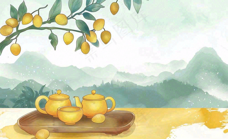 秋天果树杏树下茶壶饮茶卡通插画立秋秋分背景