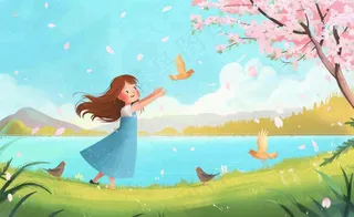 唯美治愈春天女孩踏青旅游立春春分惊蛰卡通插画背景