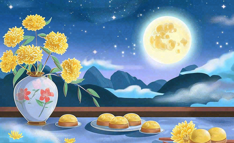 中秋夜晚赏月月饼饮茶黄花菊花桂花国风插画背景(1408x864)