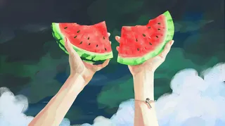 夏日西瓜手拿西瓜蓝天白云油画插画背景