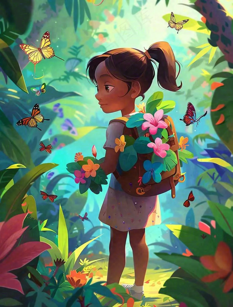 夏天户外森林丛林冒险的青少年背包旅行探险卡通插画背景(960x1264)