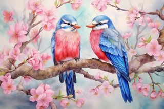 桃花樱花树枝上的蓝色小鸟插画背景