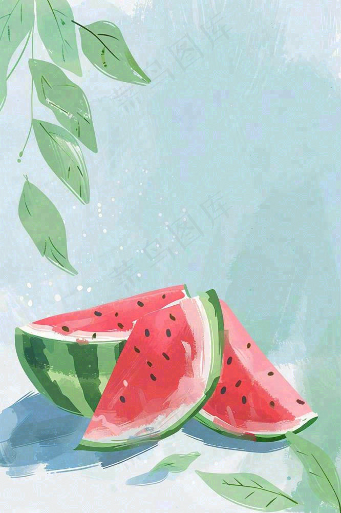 夏日清凉西瓜水彩绘画立夏小暑处暑夏至插画背景(896x1344)