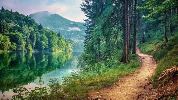 森林湖泊山林小路高山摄影图