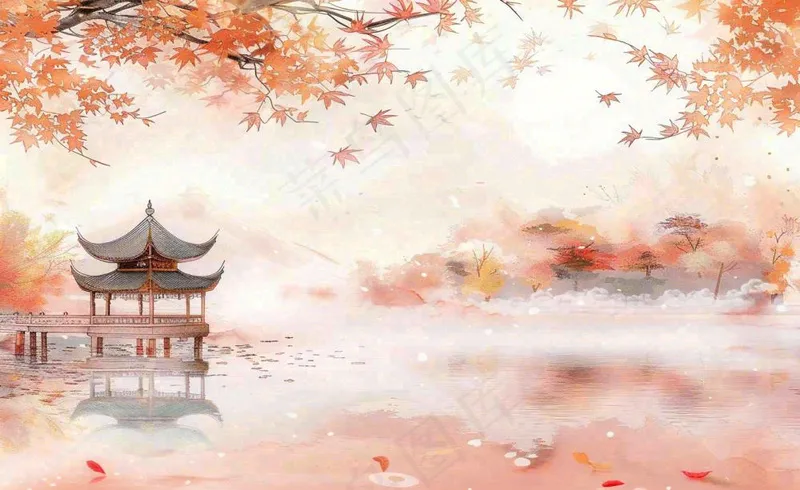 秋天红色枫叶江南水乡凉亭水墨画古风插画背景(1408x864)