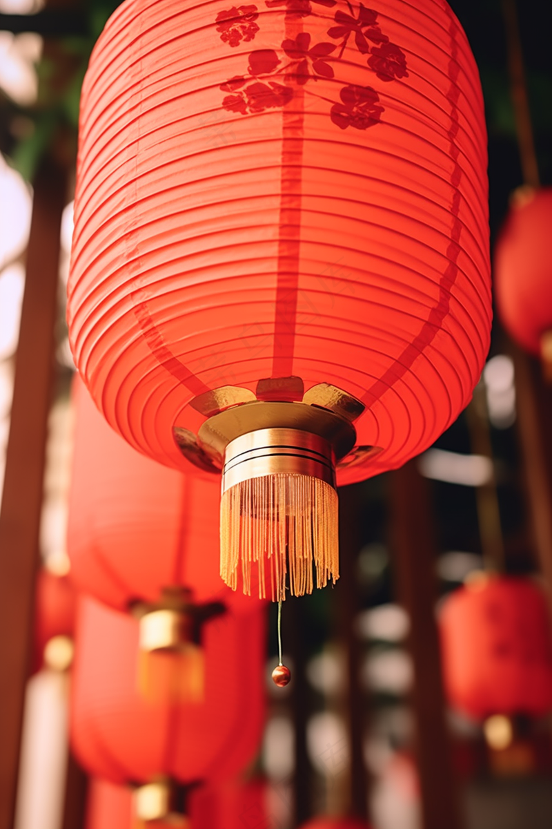 红灯笼新年屋檐挂着点亮的红灯笼中国风摄影图