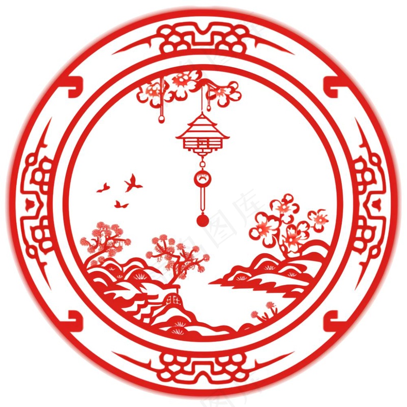 中式红色圆形贴纸窗花插画免抠(1024x1024)