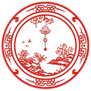 中式红色圆形贴纸窗花插画免抠