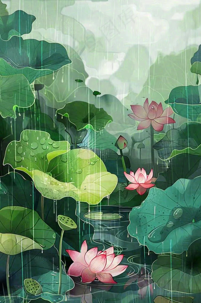 夏天雨季池塘荷花荷叶凄冷大暑处暑插画背景(896x1344)