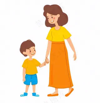 妈妈牵着小孩母子母亲节人物卡通插画免抠