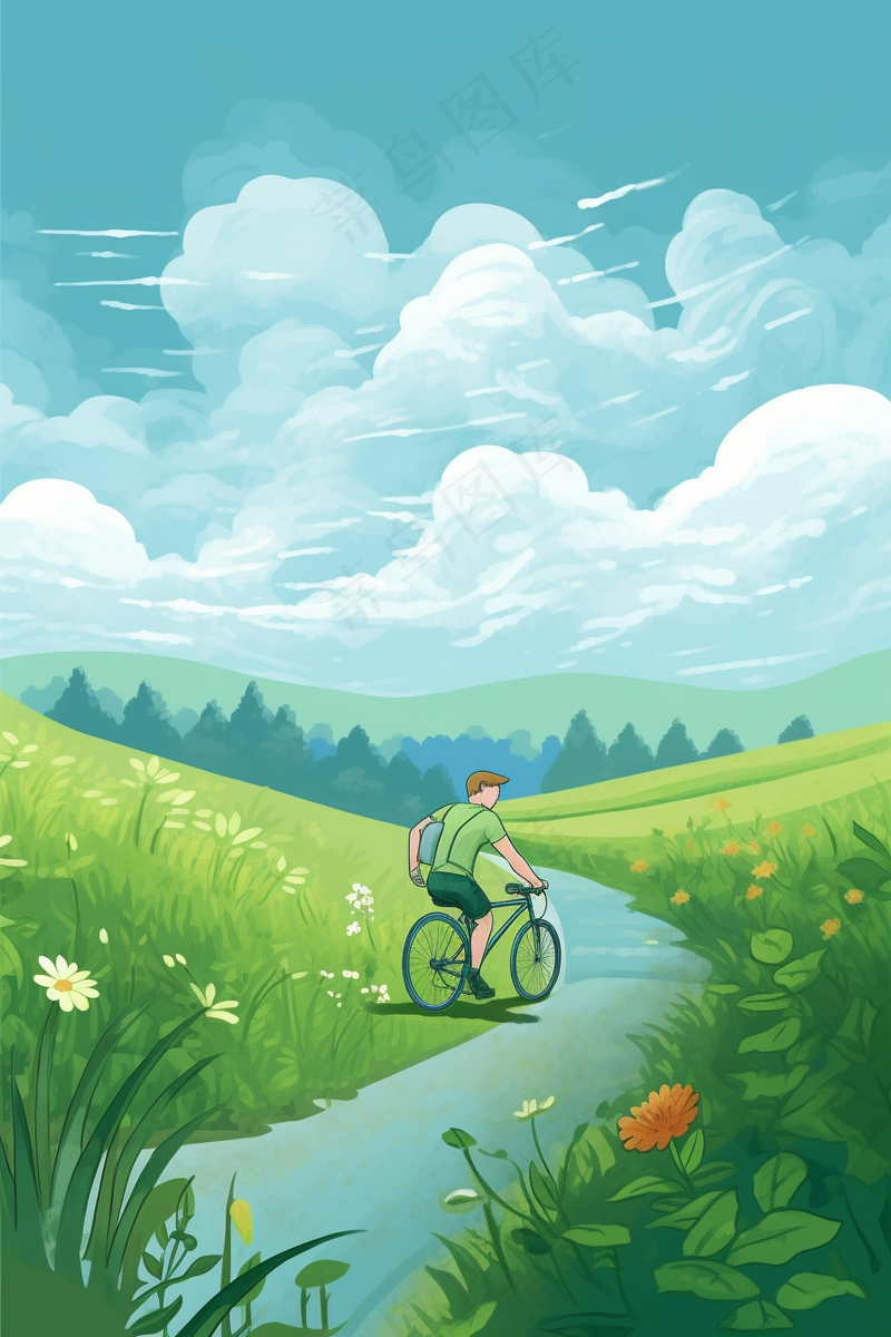 春骑自行车的人风吹草地鲜花绿叶盛开卡通插画背景(2688x4032)