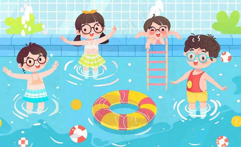 蓝色儿童夏天游泳池插画卡通夏日立夏夏至大暑小暑游泳插画背景(1408x864)