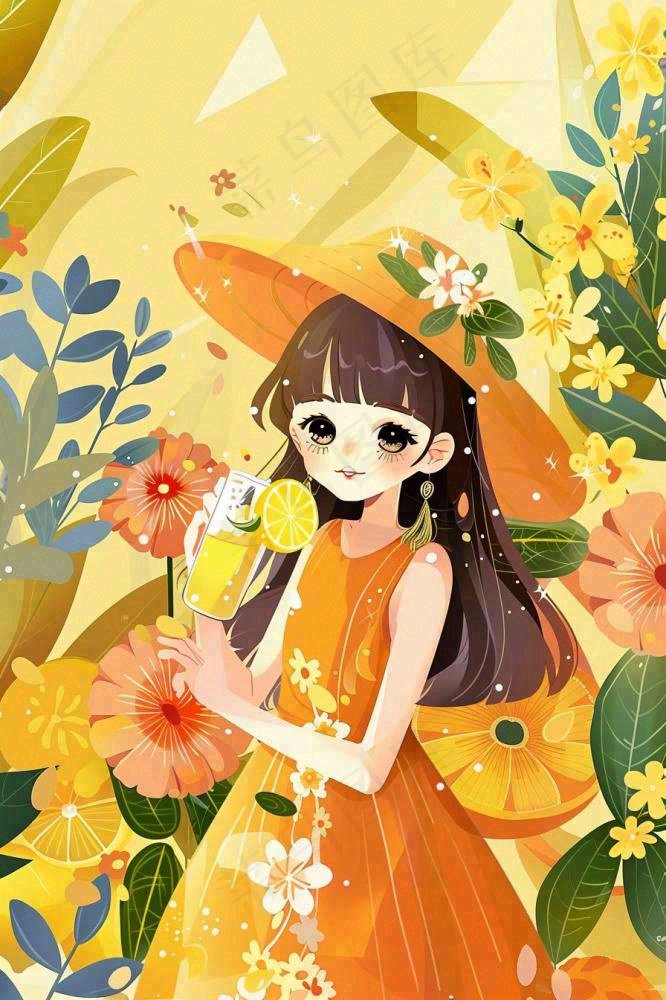 夏天喝橙汁的女孩橘黄色度假风鲜花花丛清凉解暑立夏大暑小暑夏至卡通插画背景(896x1344)