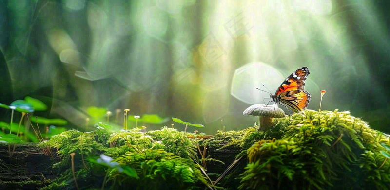 阳光斑驳下的蝴蝶苔藓蘑菇春天森林春分惊蛰摄影图(1568x768)