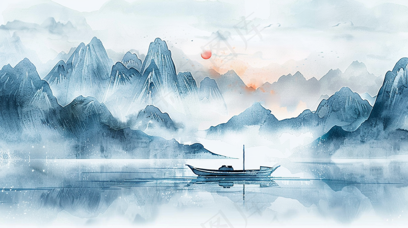 水墨山水画小船河面山川连绵国画插画背景(4368x2448)