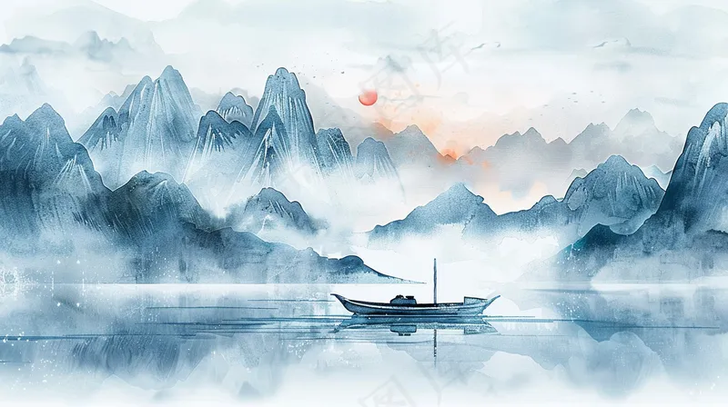 水墨山水画小船河面山川连绵国画插画背景(4368x2448)