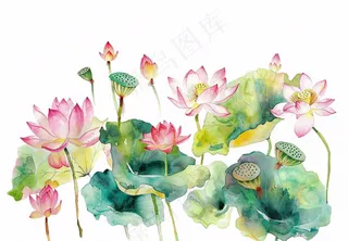 夏天荷花荷叶国风水彩画免抠