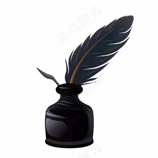 黑色羽毛墨水笔卡通插画免抠