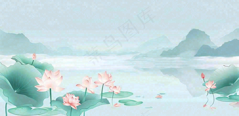 夏天山水荷花莲花清凉淡雅绿色中国风插画夏至大暑小暑背景(1568x768)