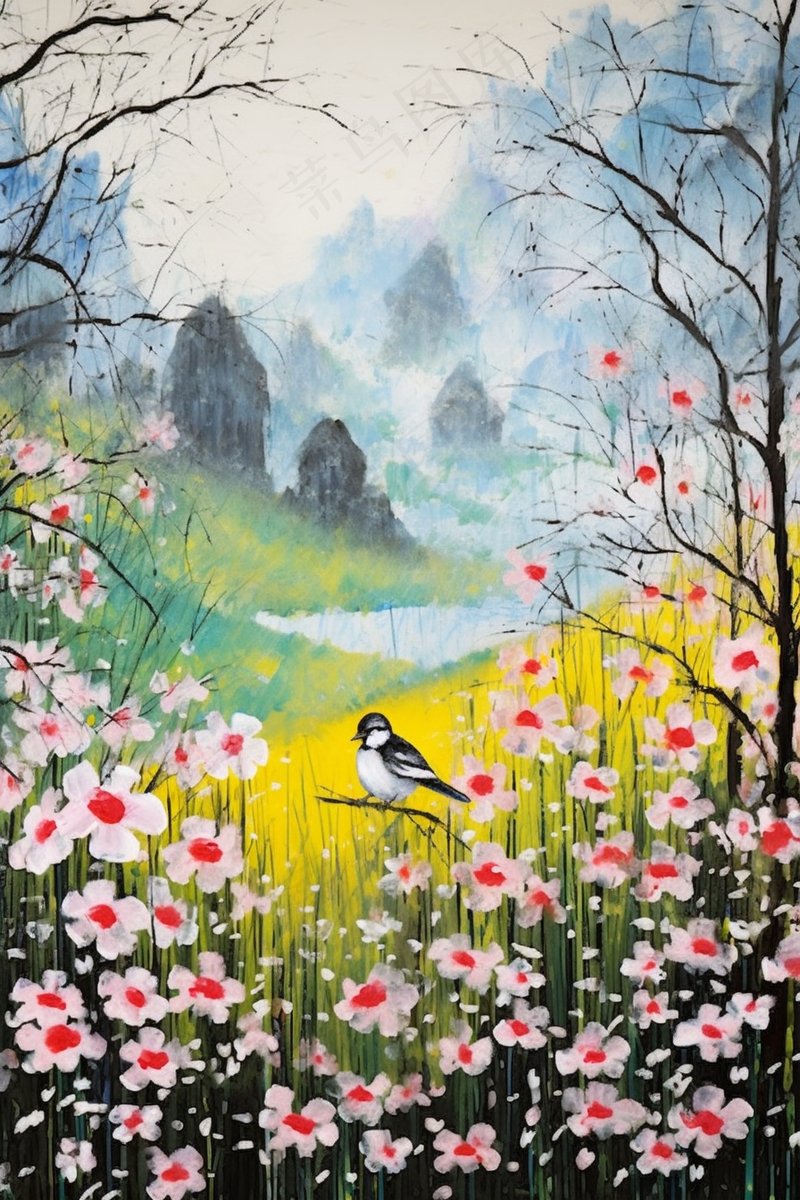 花鸟树枝花草国画水墨画素材背景(2688x4032)