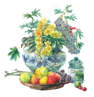 水墨静物清明元素瓷器植物水果插画免抠
