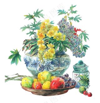 水墨静物清明元素瓷器植物水果插画免抠