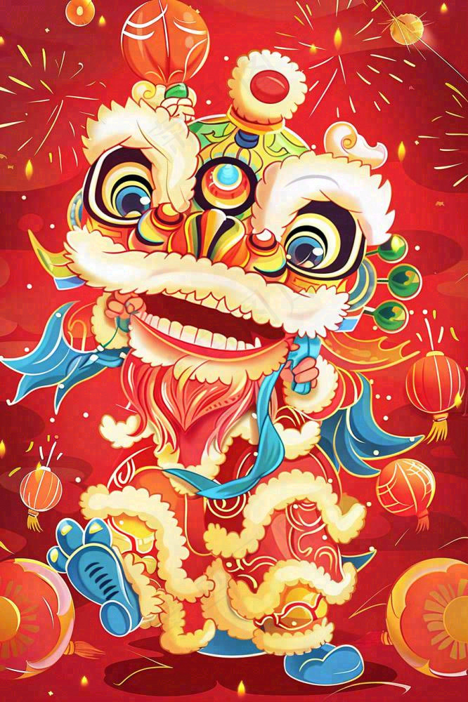 新年舞狮舞龙喜庆节日红色插画背景(896x1344)