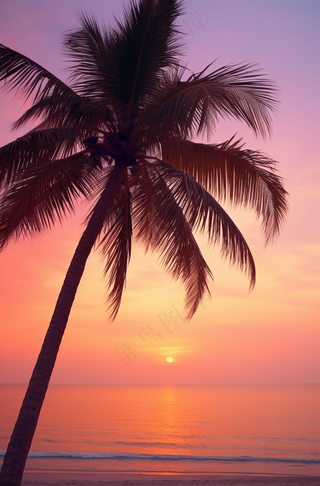 海边沙滩夕阳晚霞日出椰树摄影图