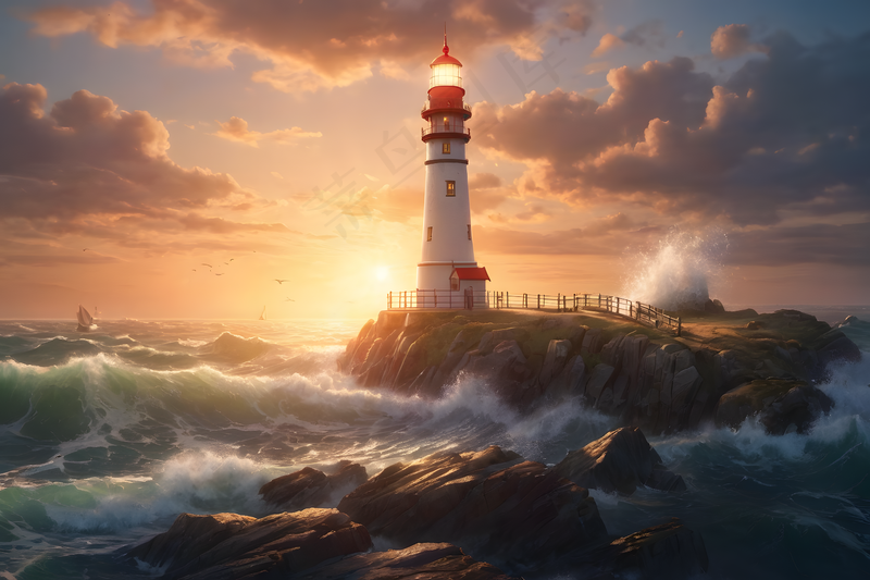 大海上灯塔插画背景图片