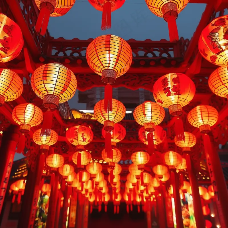 红灯笼新年屋檐挂着点亮的红灯笼中国风摄影图(3072x3072)