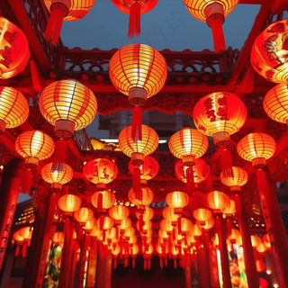 红灯笼新年屋檐挂着点亮的红灯笼中国风摄影图