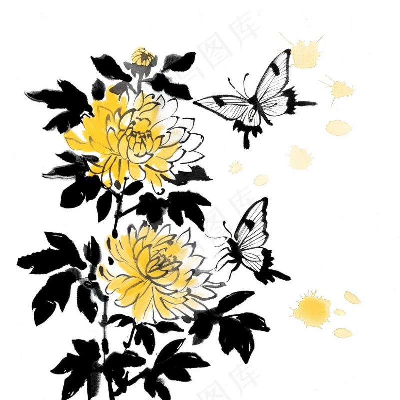 水墨菊花蝴蝶清明中秋插画免抠(1024x1024)
