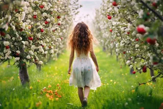 苹果园少女女孩漫步草地小径摄影图