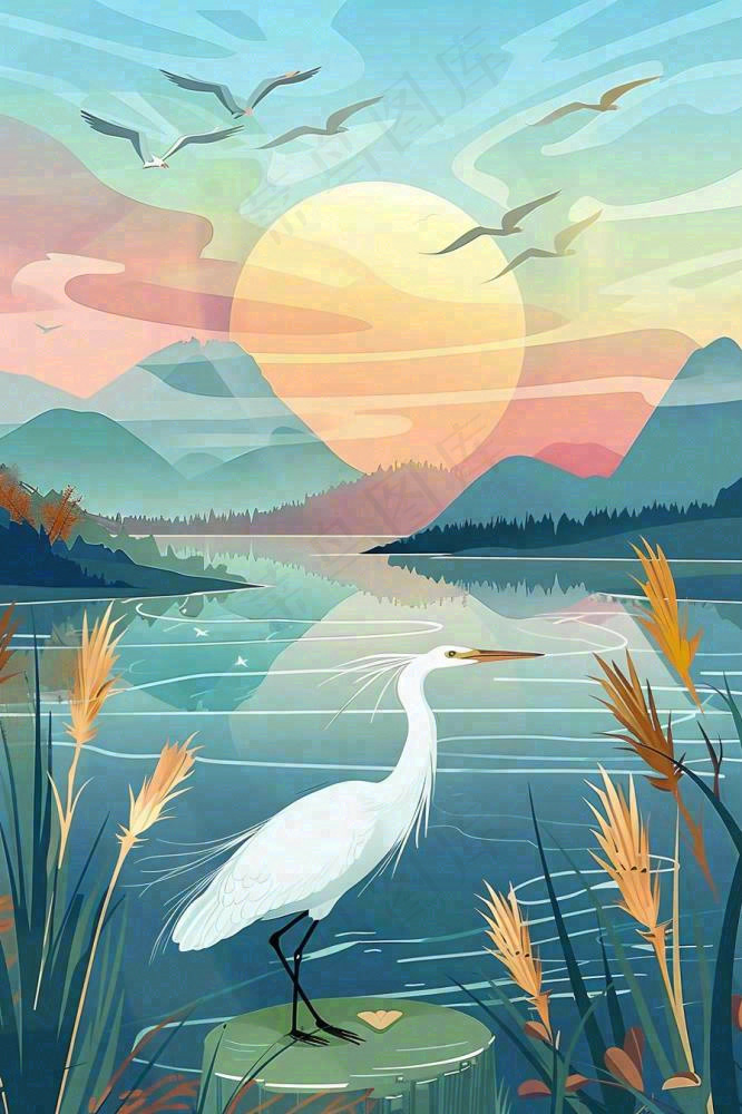 秋日芦苇荡的白鹭湖泊山水日落白露寒露插画背景(896x1344)