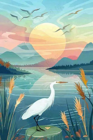 秋日芦苇荡的白鹭湖泊山水日落白露寒露插画背景