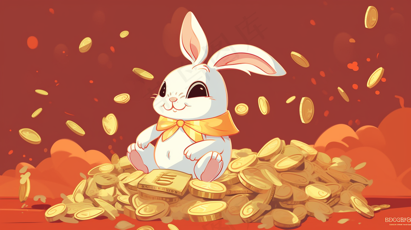 新春金币金子堆里的白兔生肖卡通插画背景