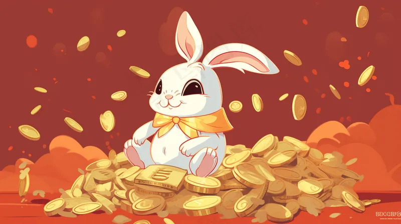 新春金币金子堆里的白兔生肖卡通插画背景