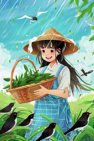 谷雨节气采茶女春天燕子雨水插画