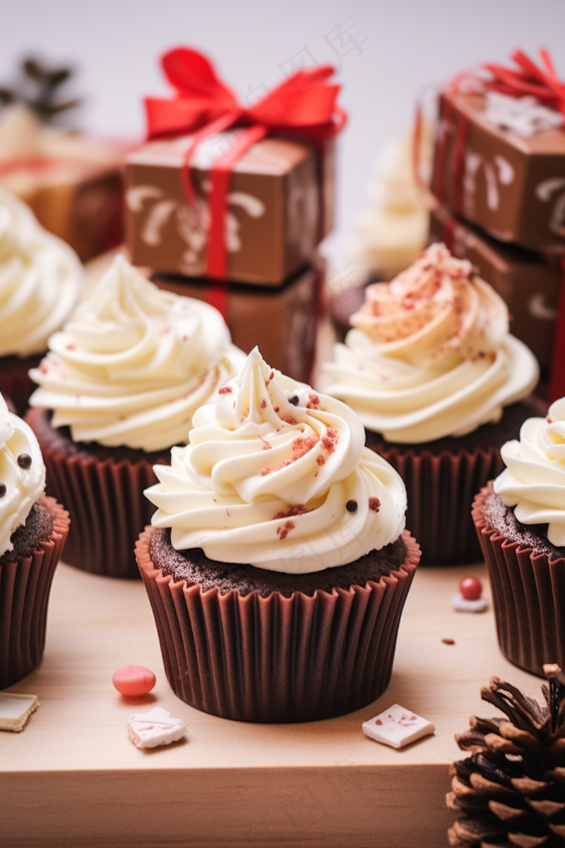 巧克力纸杯蛋糕奶油节日甜点摄影图